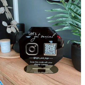 Beautiful floral-themed acrylic QR code sign with Instagram and website icons, perfect for salons and boutiques.