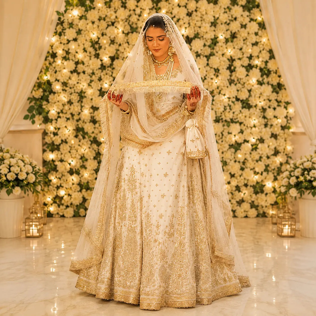 Golden nikkah dupatta close-up showing kiran lace embroidery detail