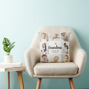 Grandma Photo Collage Cushion on Beige Chair with Plant and Books