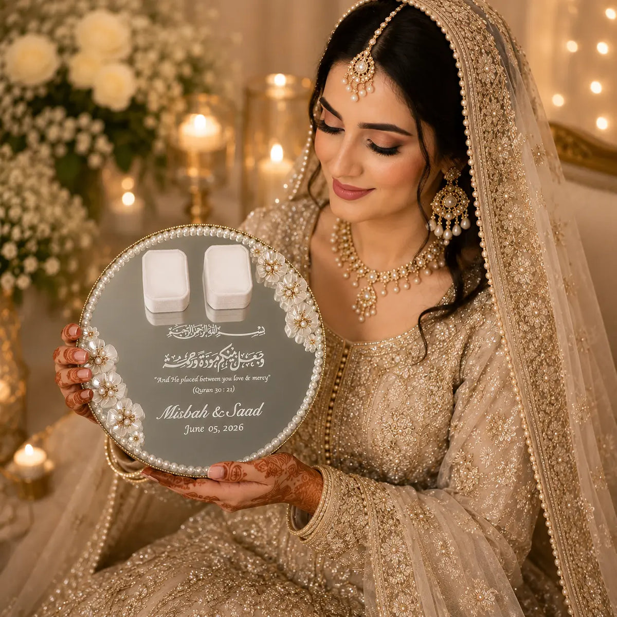 Personalized Nikah Ring Tray – Custom Islamic Wedding Ring Ceremony Tray with Names & Date