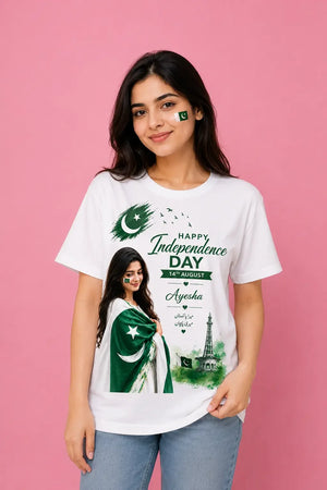 Pakistan independence day white shirt - customize name 14 August Gift Studio