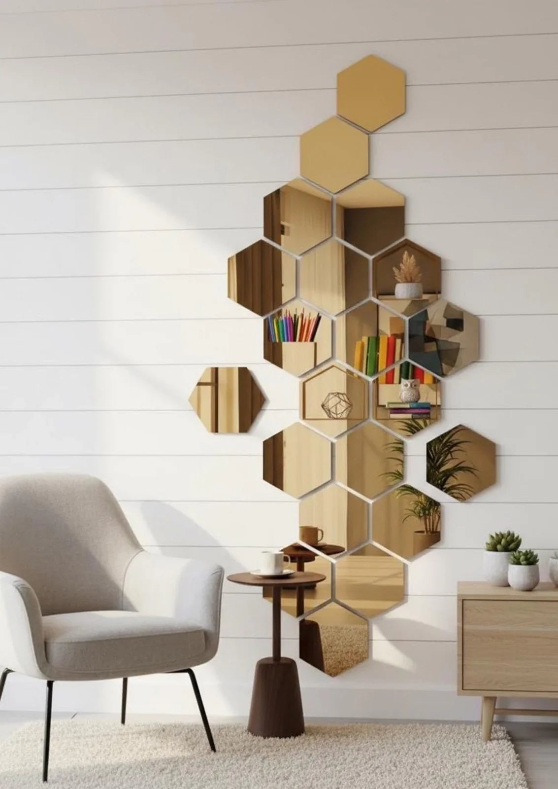Minimalist living room wall decor featuring white hexagon 3D wall panels, modern geometric wall art, neutral interior with cozy armchair and natural light.