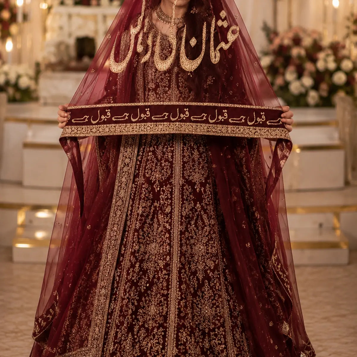 Maroon nikkah dupatta close-up showing personalized name detail