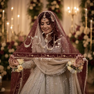 Maroon bridal dupatta styled for Nikkah ceremony