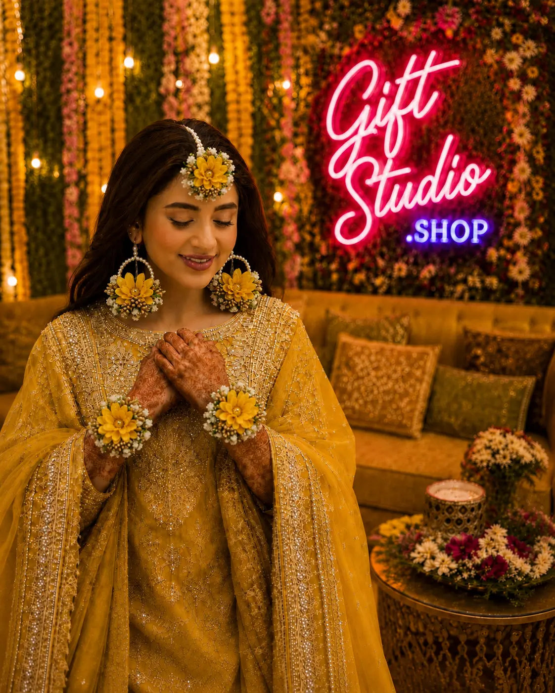Mehndi Flower Jewellery Set Fresh Gajra and Genda Bridal Jewelry - Gift Studio Pakistan photo 2