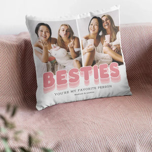Modern Besties Photo Gift Cushion with personalized photos and 'Besties' text on pink couch