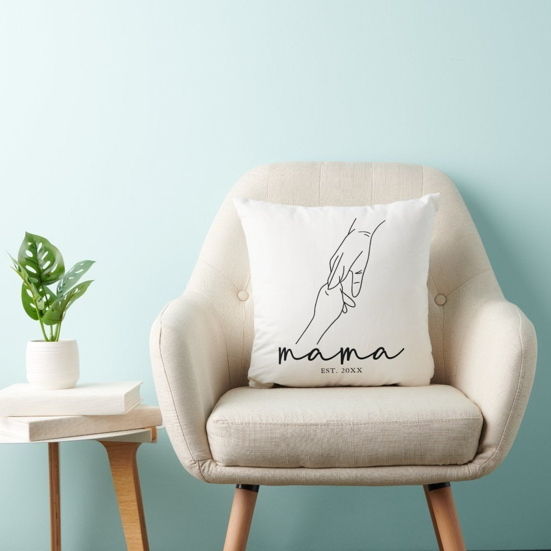 Modern Established Mama Throw Pillow with hand design and customizable year on white sofa
