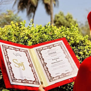 slamic wedding certificate holder with an elegant velvet cover and intricate gold detailing, perfect for Nikkah ceremonies.