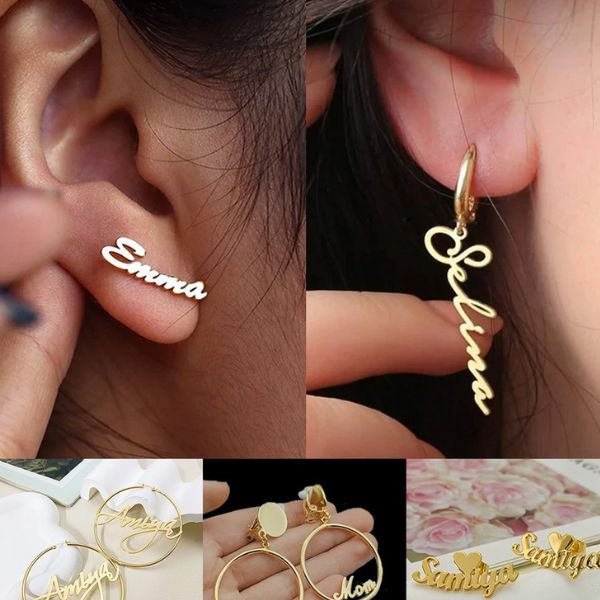 Custom Name Earrings collection with personalized names like Abriel and Serenity, gold hoop jewelry, stylish gift from Gift Studio Pakistan
