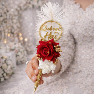 Nikkah fancy pen with luxury handcrafted design, elegant Islamic wedding signing pen decorated with pearls, ribbons and premium embellishments.