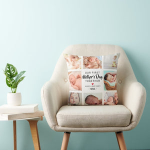 Our First Mother's Day Photo Collage Throw Pillow with customizable photos on armchair