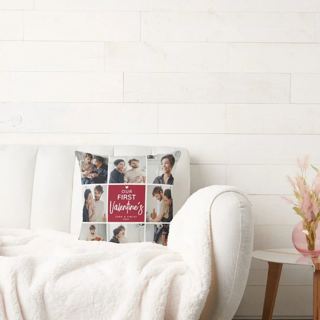 Our First Valentine’s Day Personalized Photo Throw Pillow with Red Roses