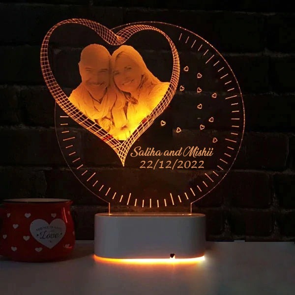 Personalized 3D Illusion LED Lamp glowing with "Saliha & Mishii" photo and heart design