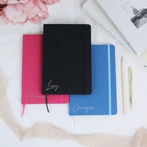 Elegant black personalized notebook with a name inscription, ideal for professional and personal use.