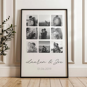 Framed black-and-white custom photo collage print with nine images, names, and a special date, ideal for romantic gifting