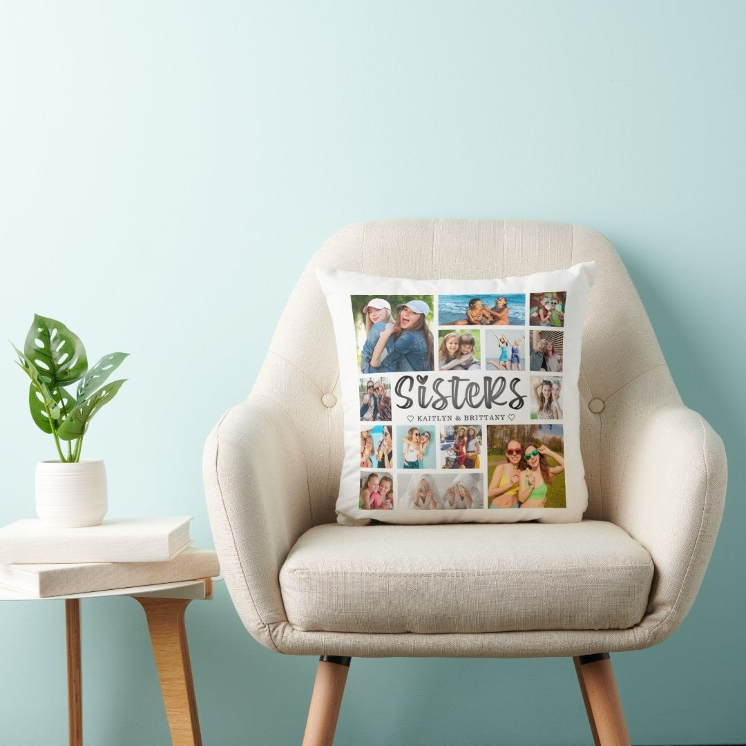 Sisters Script Photo Collage Throw Pillow