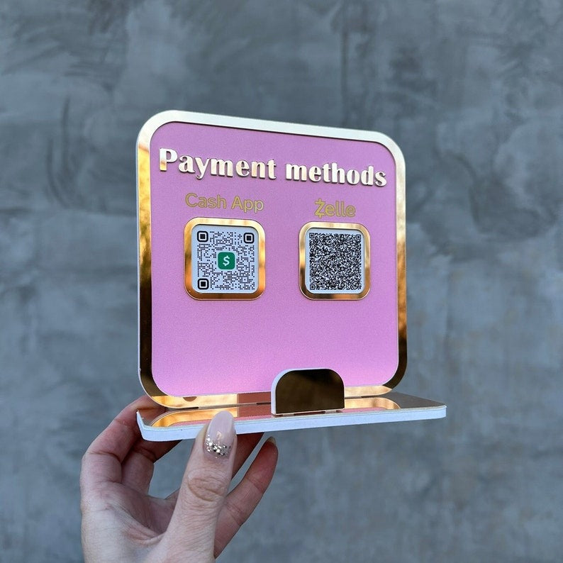 Elegant pink payment QR sign with Cash App and Zelle options for seamless transactions.