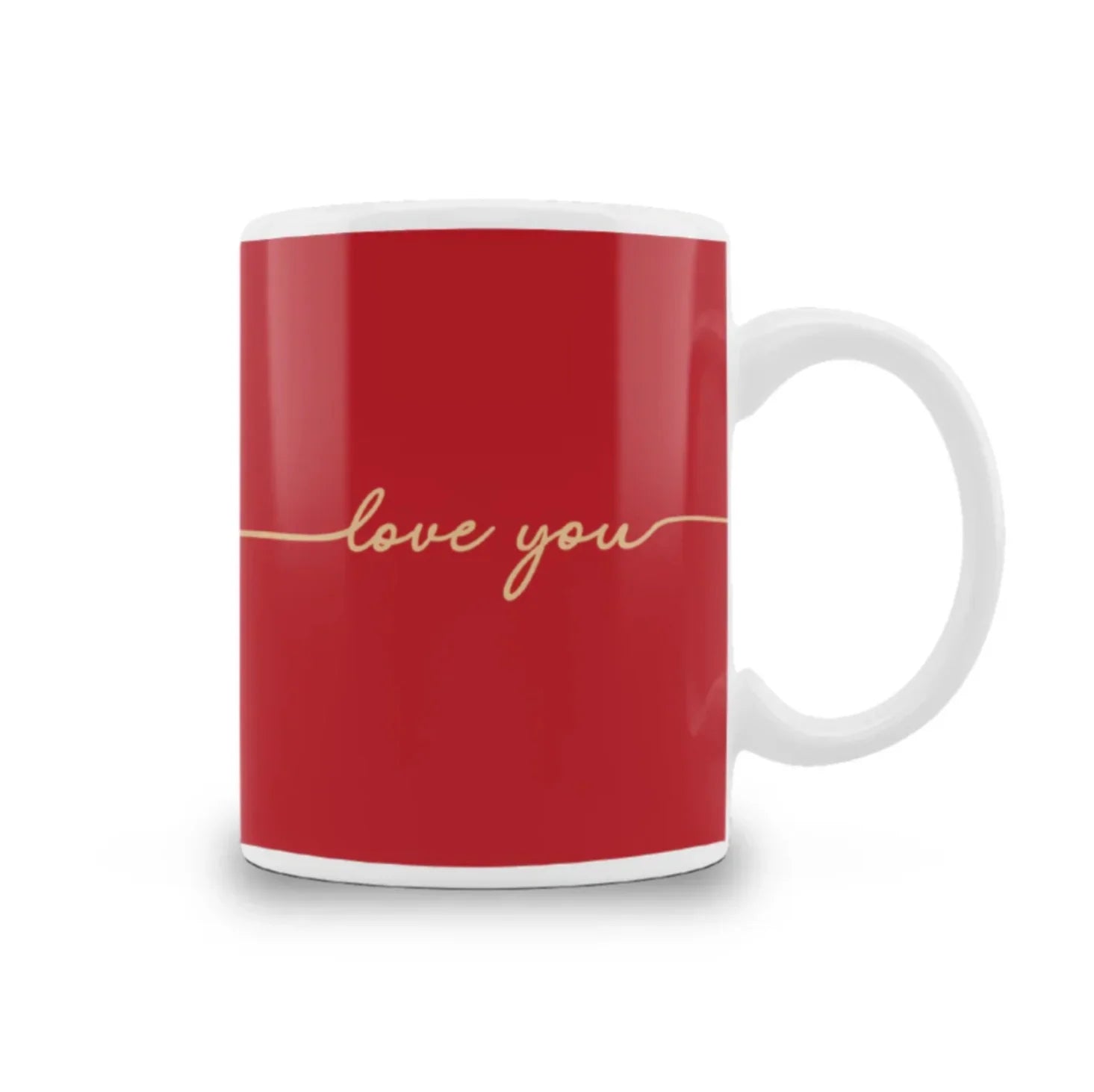 Red ceramic mug with a gold 'love you' script, featuring a white handle—an ideal romantic gift for couples, anniversaries, or Valentine's Day.