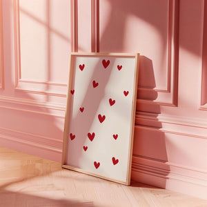 Minimalist heart-themed framed wall art with scattered red hearts, styled against a soft pink background for a romantic aesthetic.