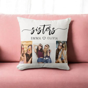 Sisters Memory Photo Collage Throw Pillow with custom photos and elegant text "emma and olivia"
