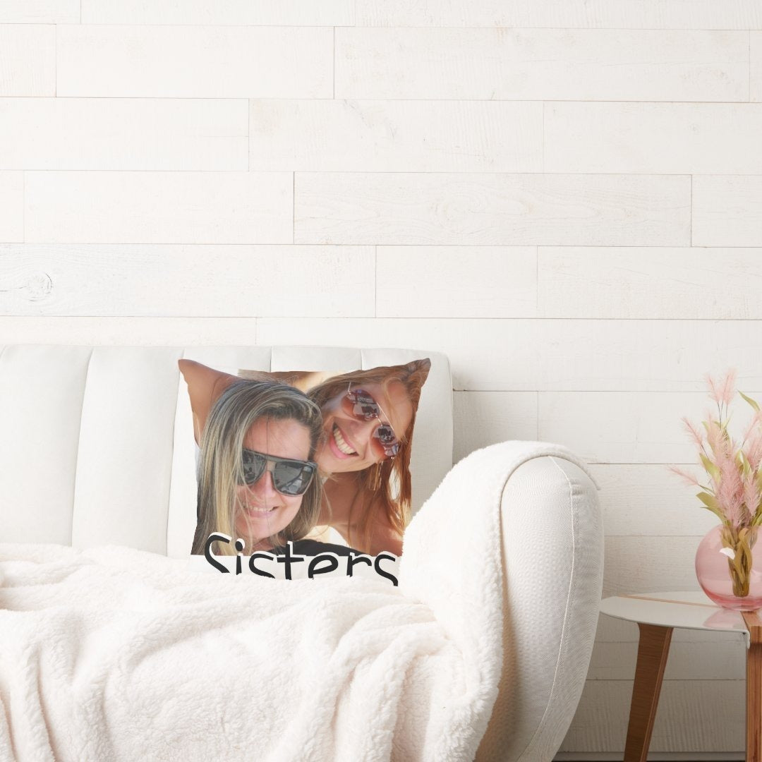 Modern Sister/s Photo & Quote Custom Color Throw Pillow