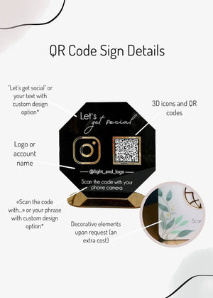 Detailed breakdown of a customized acrylic social media QR code sign, including design options, text customization, and decorative elements.