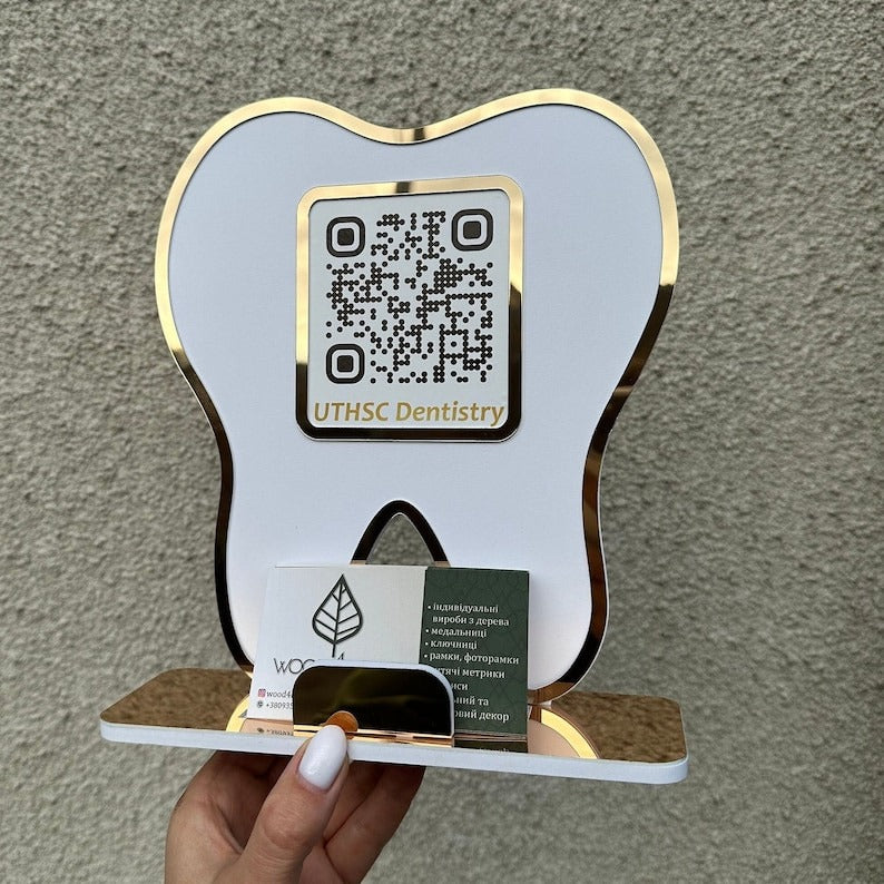 Personalized UTHSC Dentistry QR Code Sign in a Tooth Shape with Business Card Holder