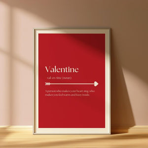 Minimalist Valentine's Day love print featuring an elegant definition of 'Valentine' in white typography.