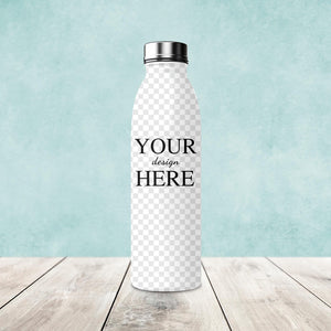 White custom stainless steel water bottle showcasing design personalization options, styled against a coastal view.