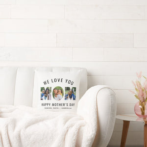 A custom Mother’s Day throw pillow with a "We Love You Mom" 3-photo collage, displayed with a white blanket on a white sofa