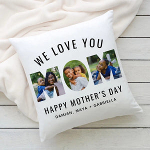 We Love You Mom Custom Mother’s Day 3 Photo Collage Throw Pillow with White Blanket