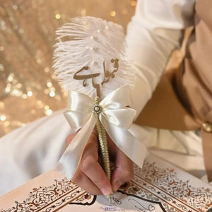 Wedding nikkah pen with elegant handcrafted design, personalized Islamic Nikah signing pen decorated with pearls, ribbons and luxury details.