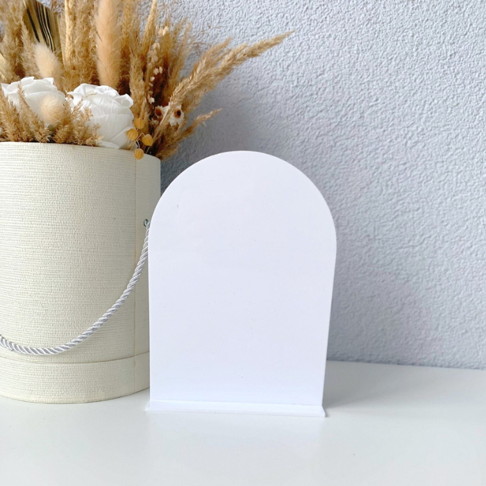White acrylic arch blank sign with stand, ideal for custom lettering, logos, and wedding decorations.