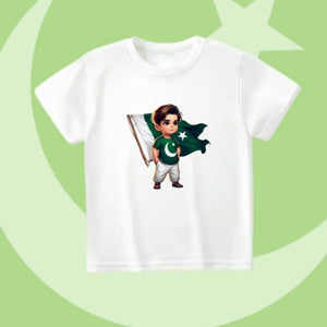 White t-shirt with boy holding Pakistan flag for 14 August Independence Day