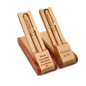 Wooden name pen with engraved text and wooden stand