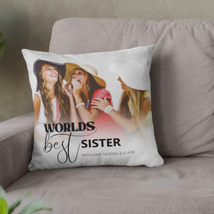 World's Best Sister Photo Throw Pillow with personalized photos on gray couch