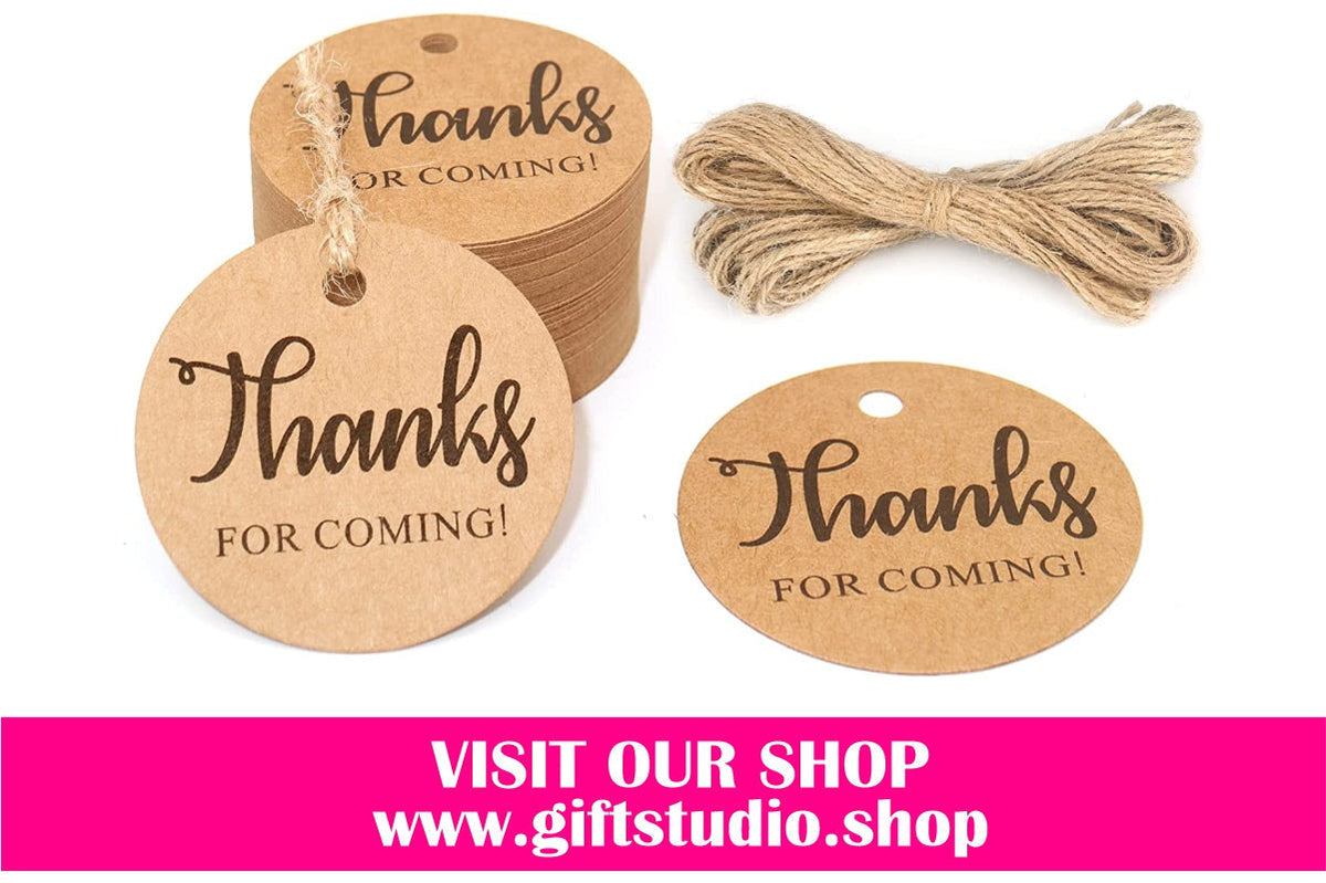 Round kraft paper gift tags saying 'Thanks FOR COMING!' with twine, perfect for party favors and custom gifts
