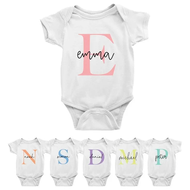 Personalized baby onesie with name and initial, custom baby gift in multiple colors