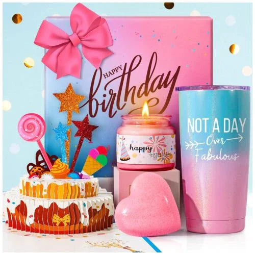 Birthday gift set with cake, candle, tumbler, and pink bow — perfect for celebrations