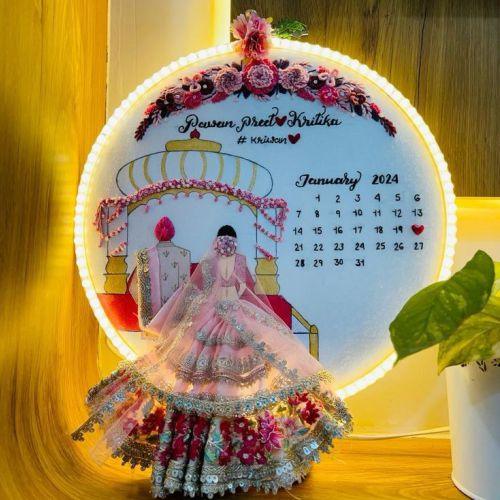 Customized LED Nikah frame with 3D bride, floral decor, and January 2024 calendar for wedding gifts