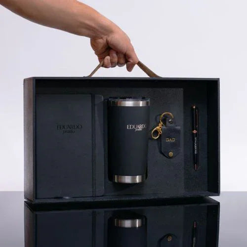 Luxury black gift set with tumbler, pen, keychain, and notebook for Dad – perfect personalized gift