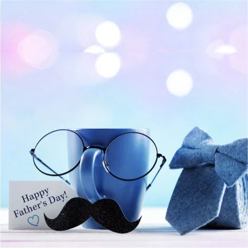 Blue mug with glasses & mustache, Father's Day card, denim bow tie — perfect customized gift for Dad