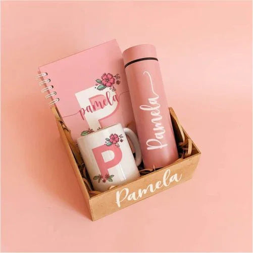 Personalized gift set with pink mug, notebook, and tumbler named Pamela, perfect for custom gifts in Pakistan