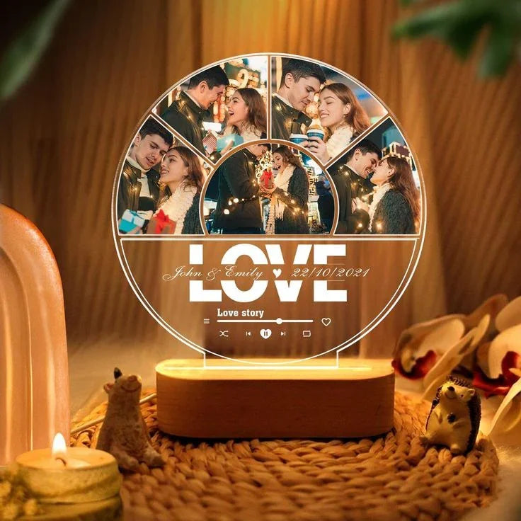 Custom LED photo frame with 'LOVE' text, couple photos, and wooden base for romantic gifts