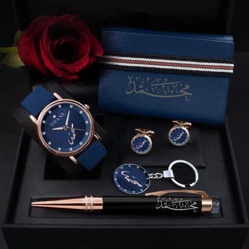 Customized gift set with blue watch, cufflinks, pen, keychain, and rose — perfect for Nikah or special occasions