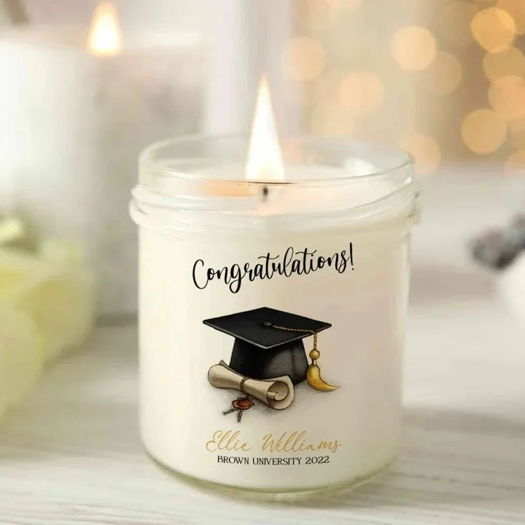 Personalized graduation candle with cap, diploma, 'Congratulations Ellie Williams Brown University 2022'