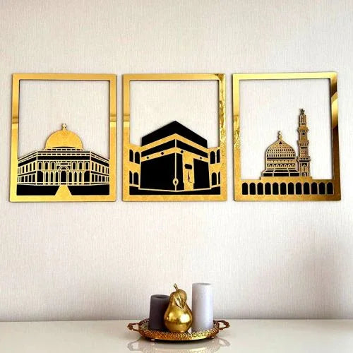 Gold Islamic wall art set featuring Kaaba, Masjid al-Nabawi, and Al-Aqsa Mosque silhouettes for home decor