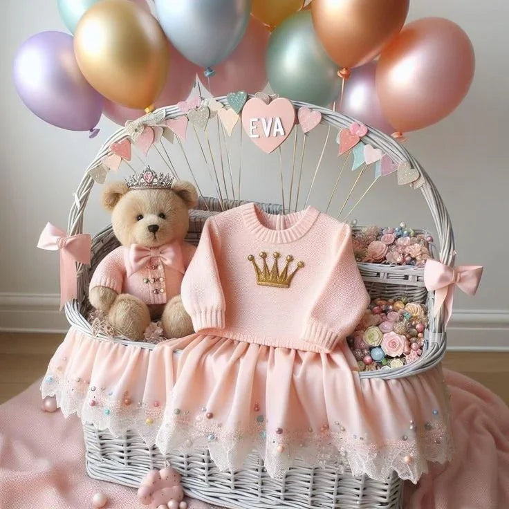 Pink baby girl gift basket with teddy bear, crown sweater, tutu dress, balloons, and personalized 'EVA' sign
