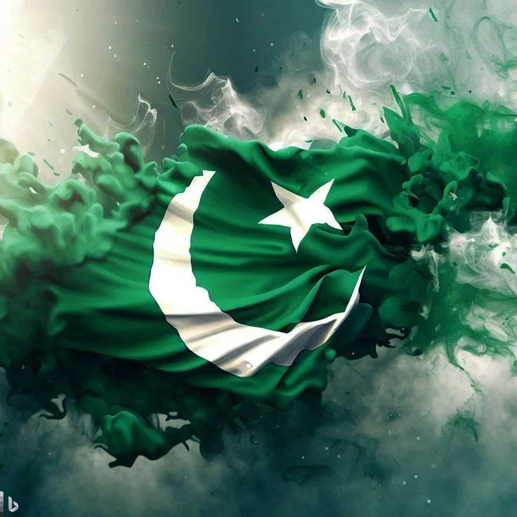 Pakistan flag waving with green and white smoke, perfect for patriotic gifts and custom frames.