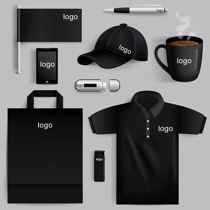 Corporate promotional items set including branded T-shirt, cap, pen, USB, mug, tote bag, and more in sleek black design with logo branding.